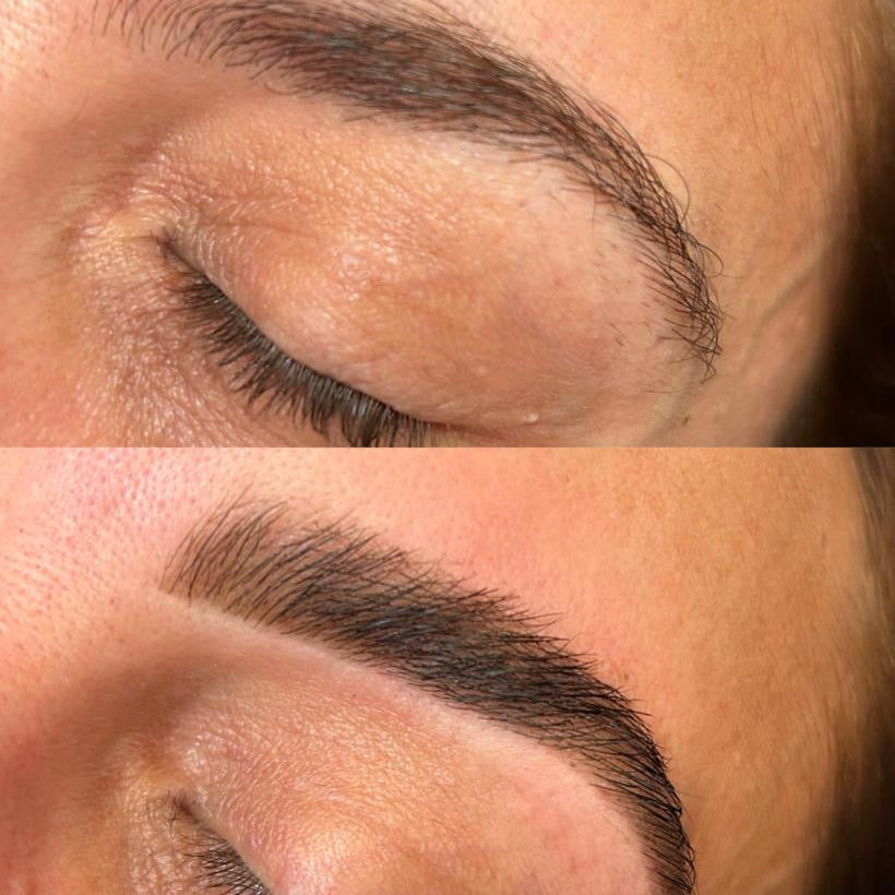 Before and after comparison of eyebrow grooming on a person's face.