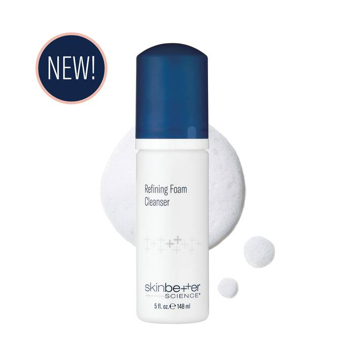 A pump bottle of SkinBetter Science Refining Foam Cleanser against a white background, with a label that reads 'New!' and 515 mL volume indicated.